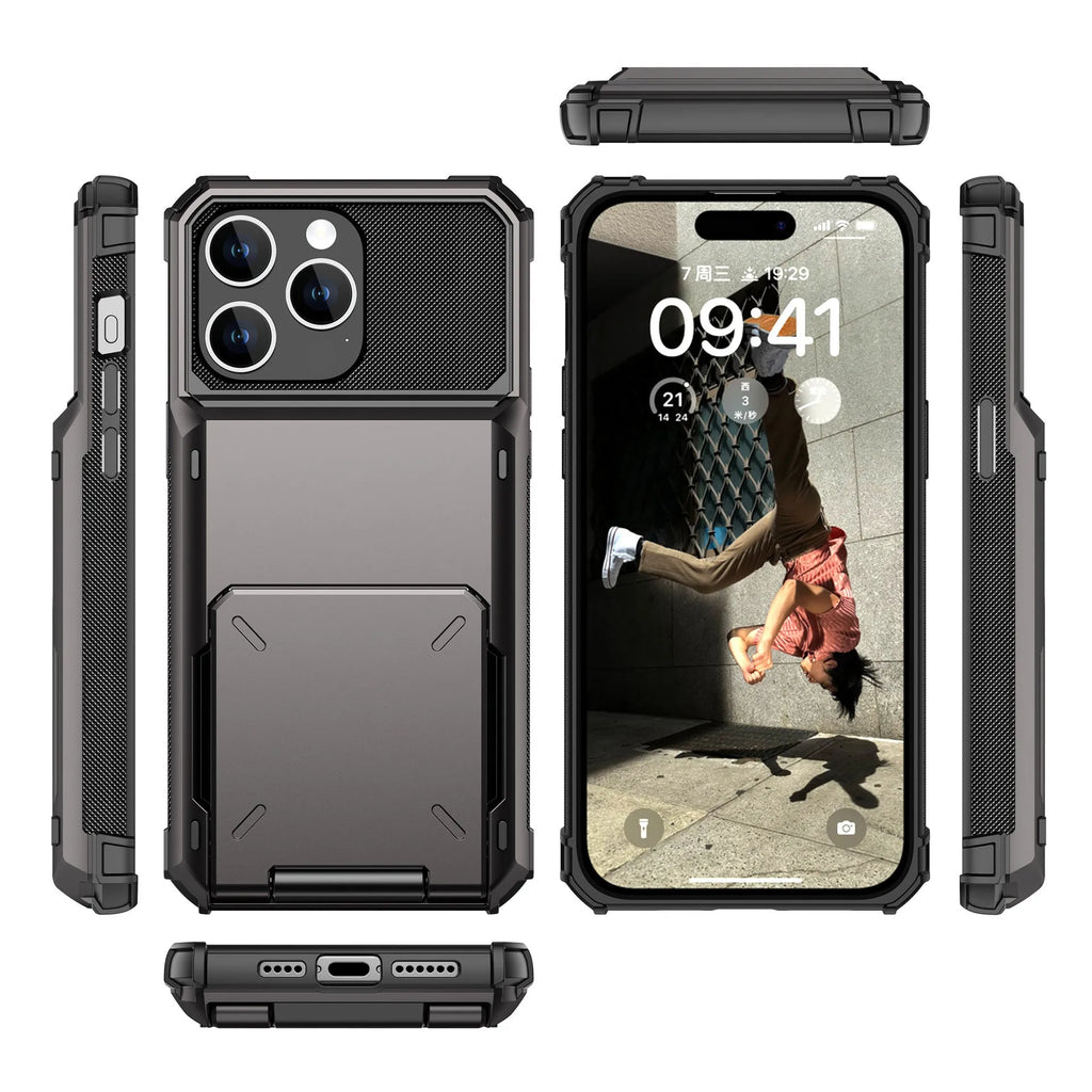 Gray fashion flip card phone case with PC material and card holder for iPhone 13