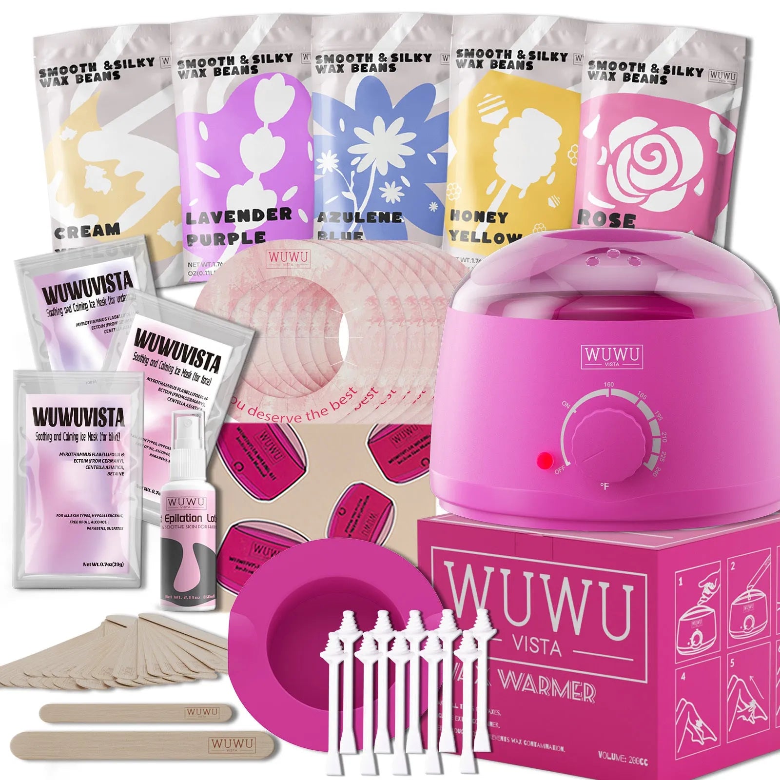 Professional 52-piece waxing kit with wax warmer, five natural wax beans, tools, and post-care products