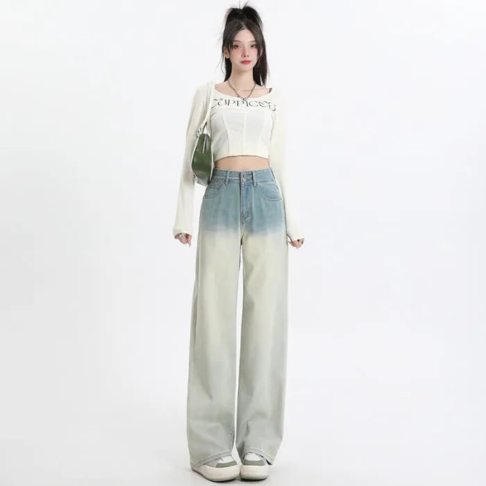 Women's gradient blue straight-leg denim trousers with wide leg cut in cotton blend fabric