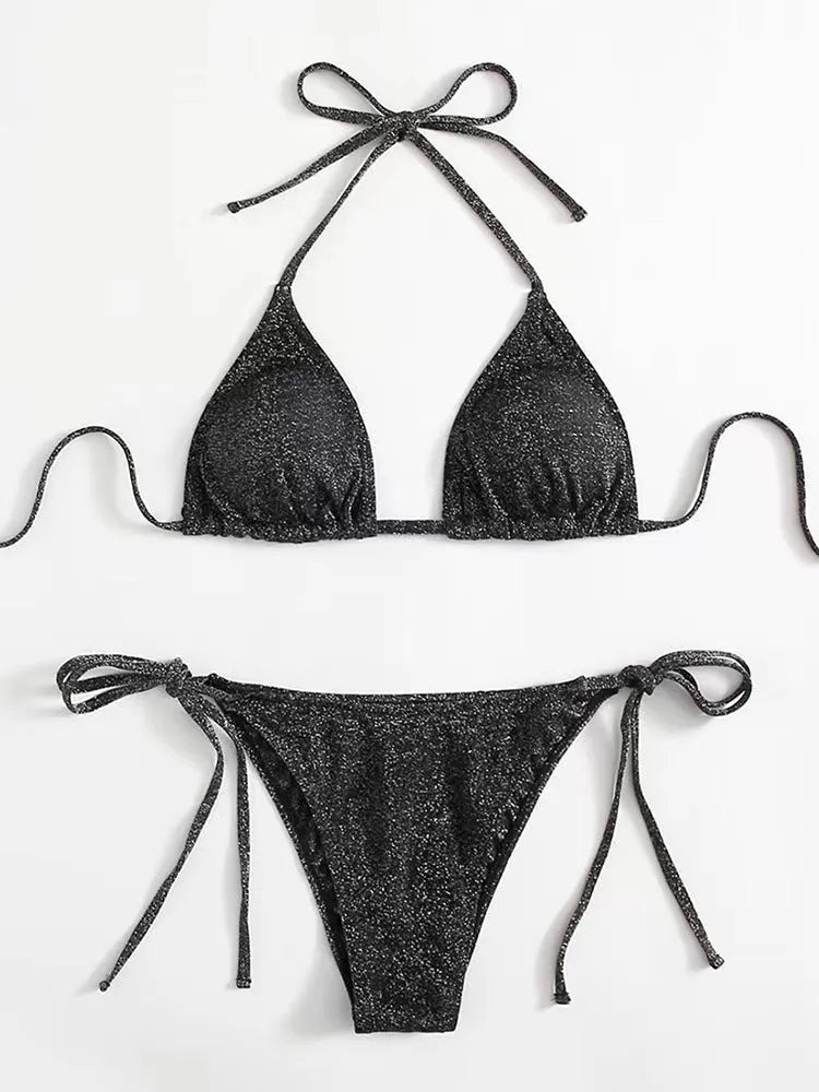 Women's bandage style bikini swimsuit in multiple colours on a size chart.