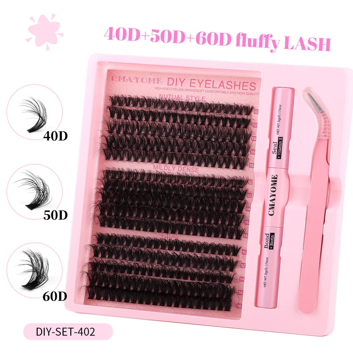DIY false eyelashes extension suit showing single cluster lashes and eyelash tweezers