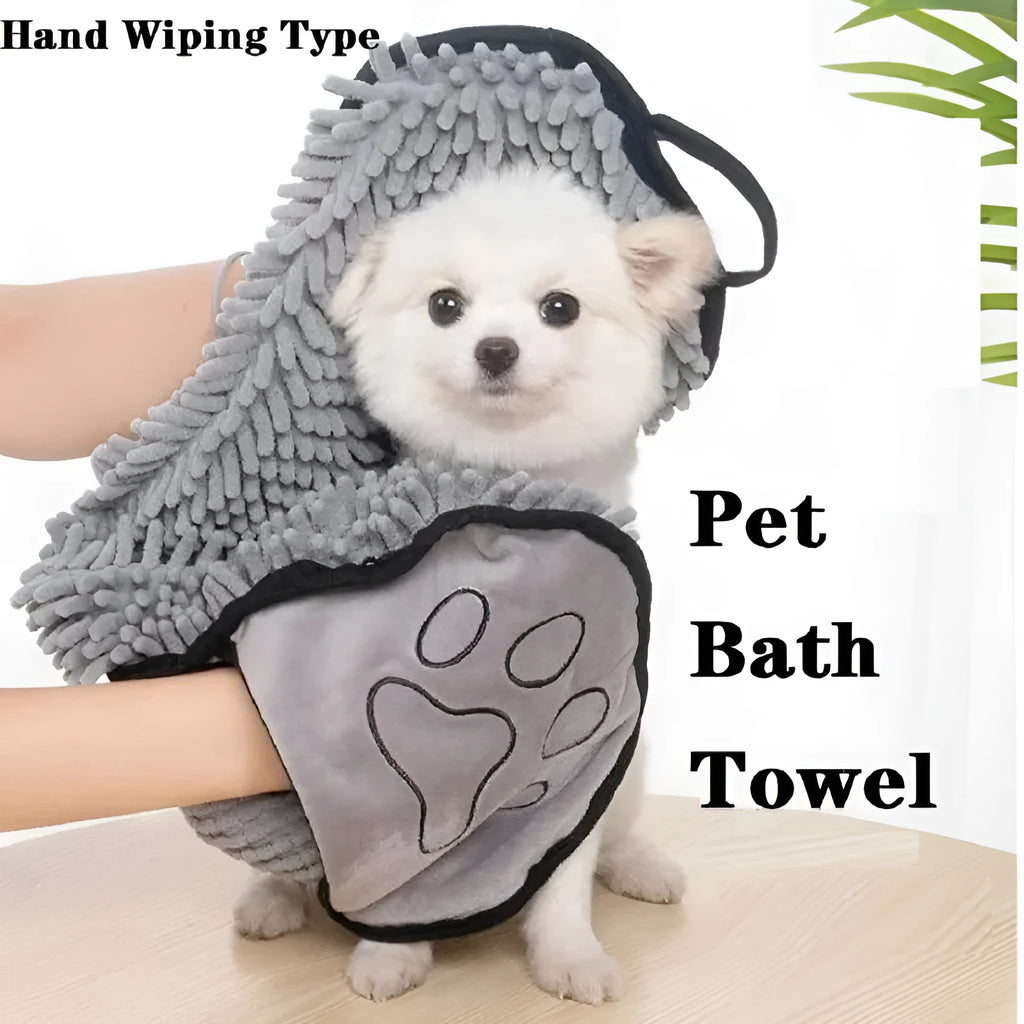 Quick dry dog bath robe towel measuring 62cm by 23cm in blue, grey, purple or red colours