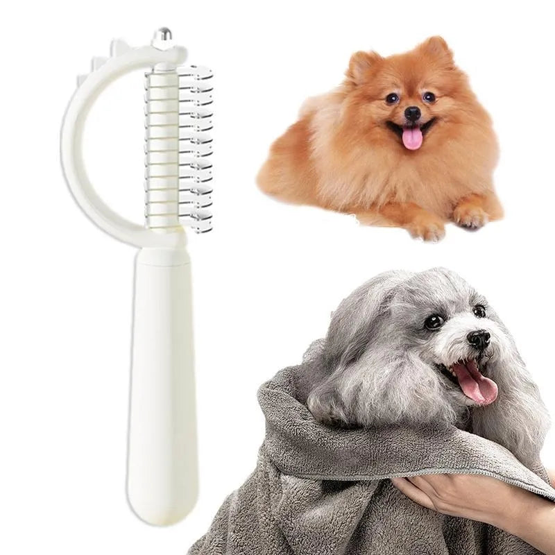 Blue dinosaur-shaped cat brush with self-cleaning button and double-sided bristles