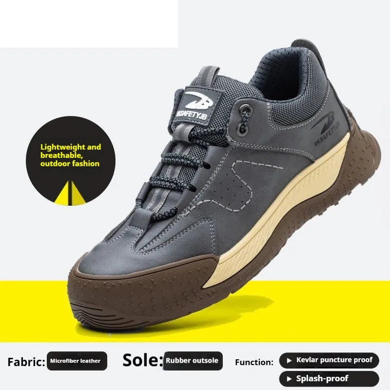 Work shoes with Flyknit construction, leather upper, and rubber sole available in multiple colours and sizes