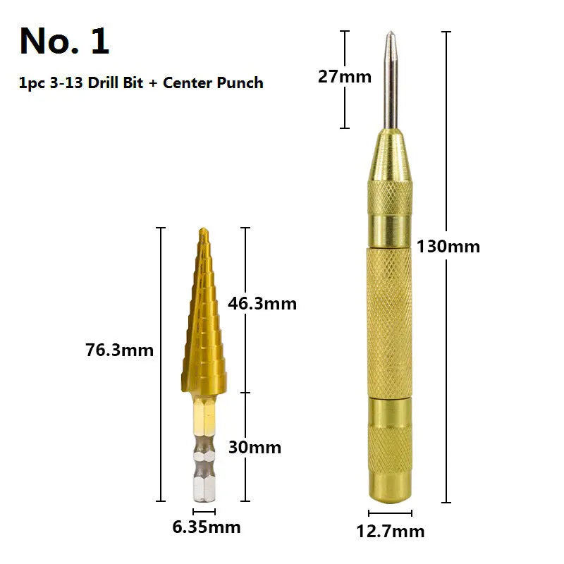 High speed steel cone step drill bits and a centre punch arranged on a workshop bench.