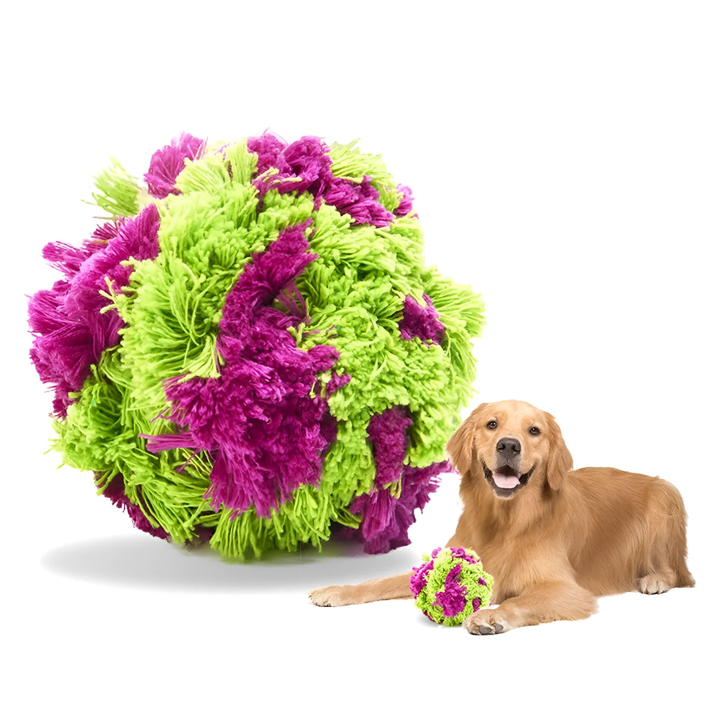 Purple plush dog chew ball approximately 15cm in diameter for teething relief and interactive play