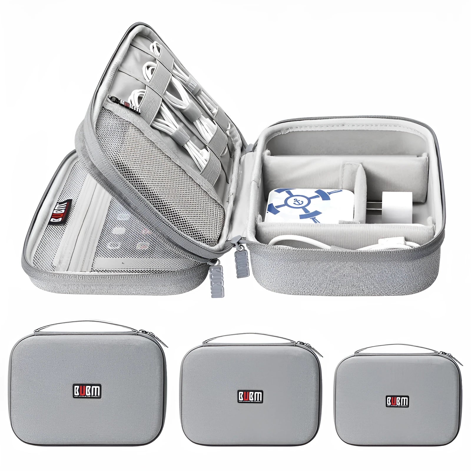 Black and grey EVA digital storage bag for headphones and cables, showing hand bag shape.