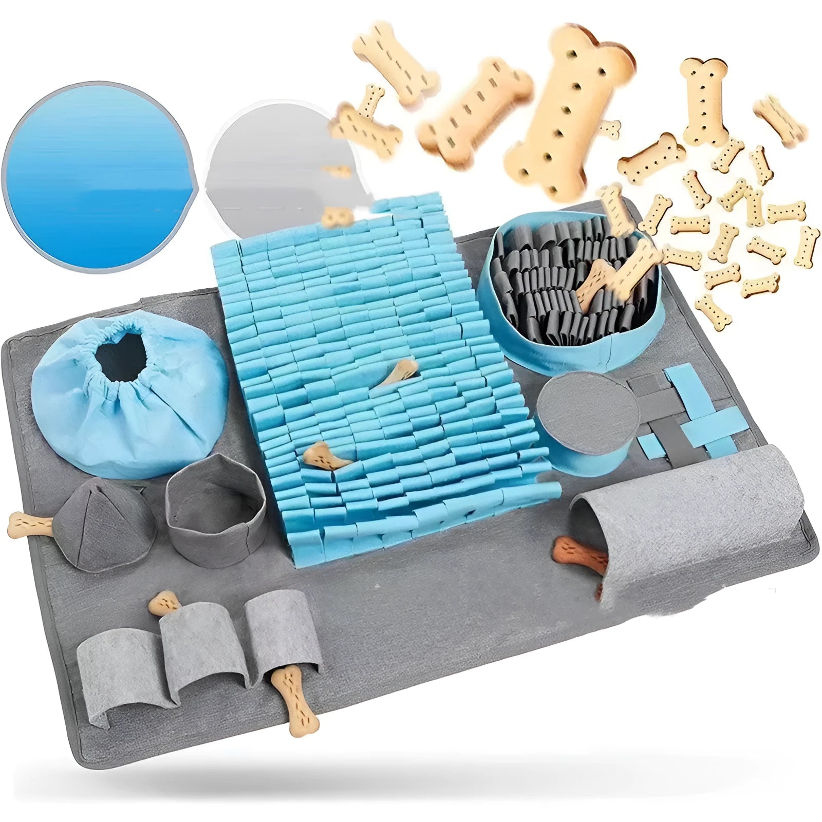 Dog sniffing pad with felt tunnel maze for hidden treat finding activity