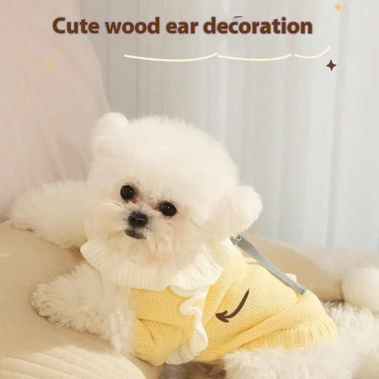 Yellow acrylic dog sweater shown on small breed pet with chest measurement guide