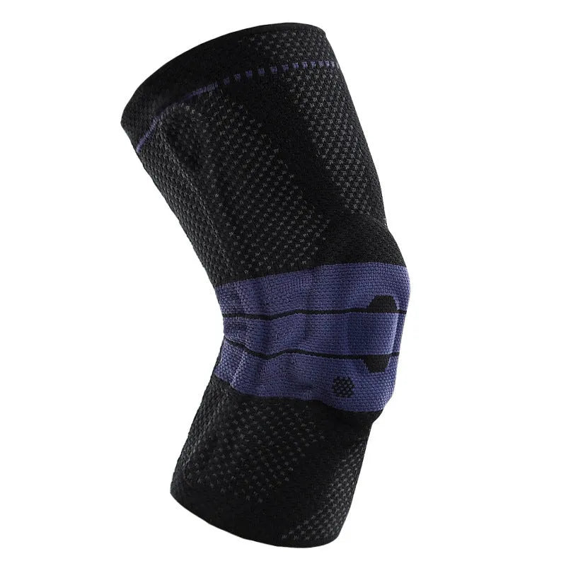 Adult black and blue nylon spandex knee pad for sports protection.