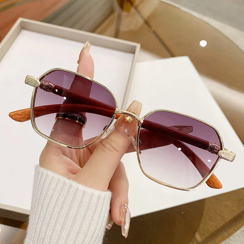 Women's frameless trim glasses with wood grain pattern and gold alloy frame.