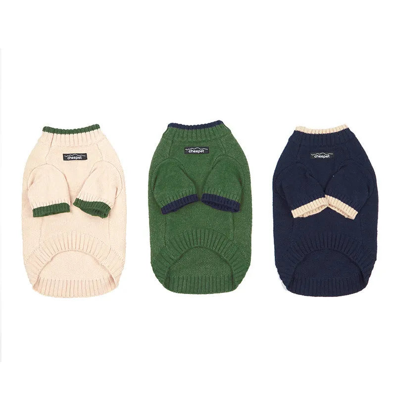 British style wool pet sweater for dog with contrast colour legs in Crown Blue.