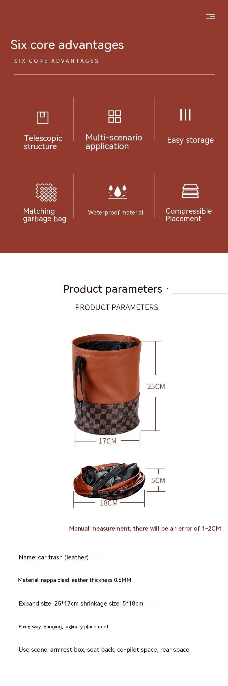 Black leather retractable foldable car trash can with handle shown open and folded.