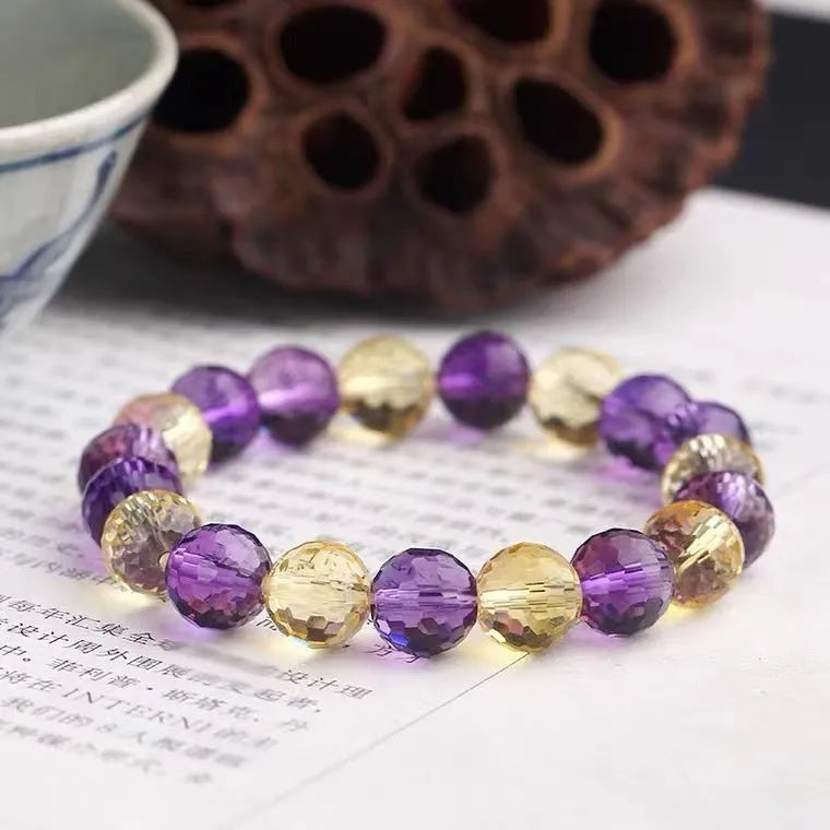 128-facet cut ametrine crystal bracelet with polished beads in four diameter options