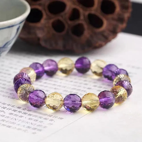 128-facet cut ametrine crystal bracelet with polished beads in four diameter options