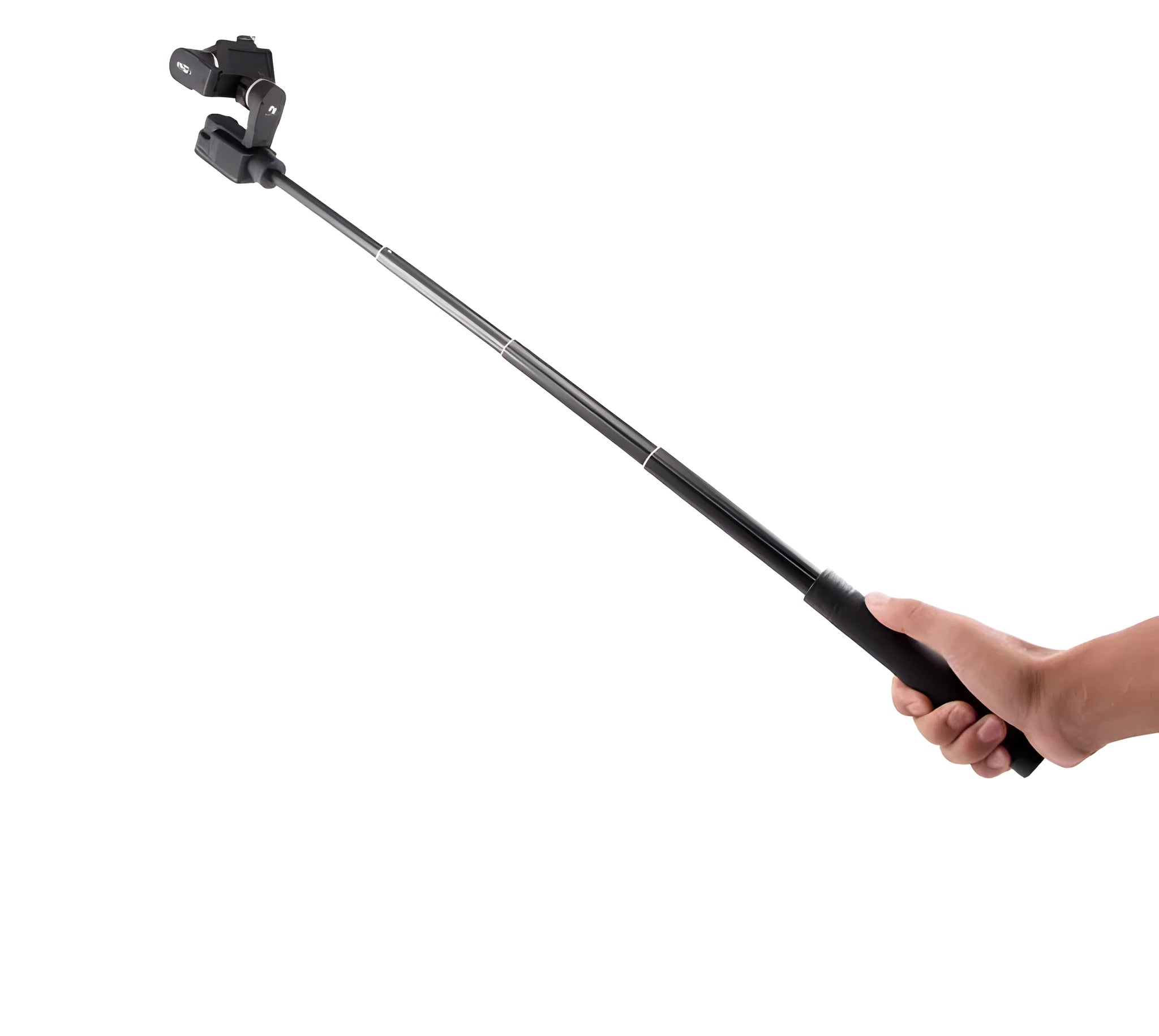 Black retractable selfie stick with Bluetooth remote, extended to full length with a smartphone attached.