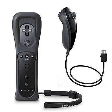 Wii wireless left and right gamepad controller set showing black, light blue, pink, red and white colour options