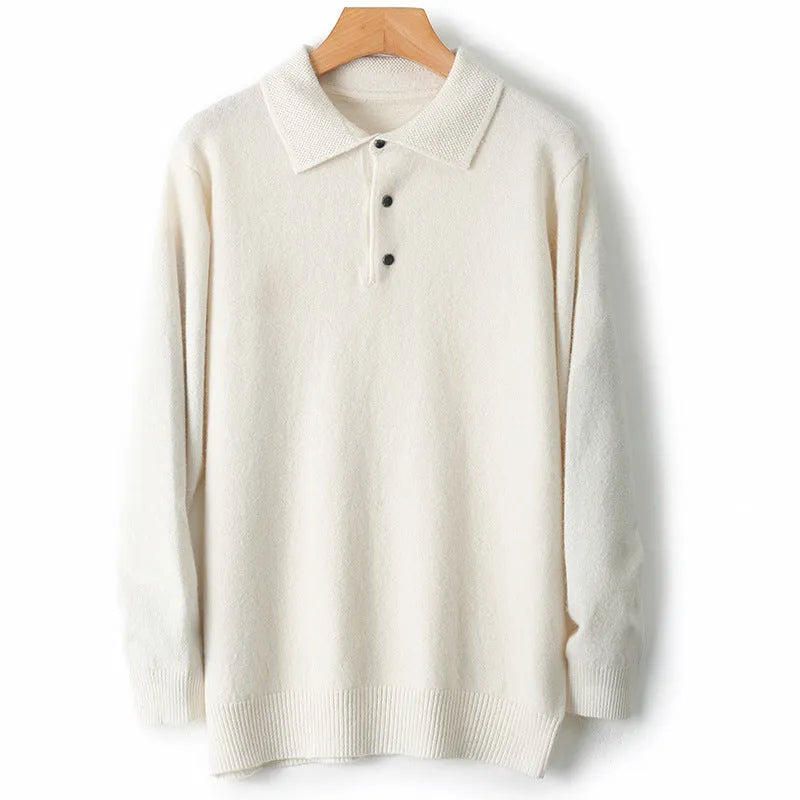 Men's grey wool pullover sweater with a polo collar and long sleeves laid flat.