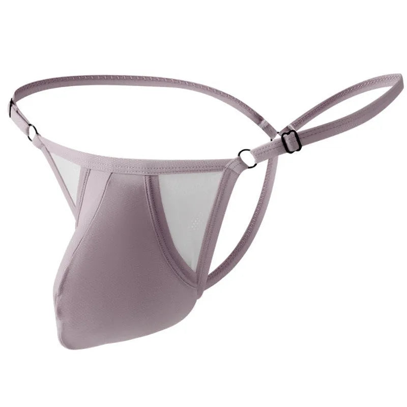 Men's Ice Silk nylon T-back briefs with thin straps and adjustable low-rise waistband.