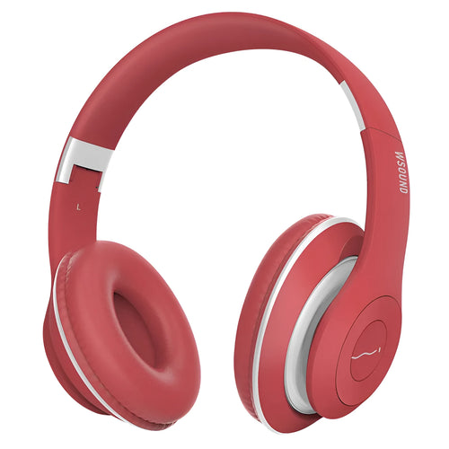 Blue and red Bluetooth wireless stereo headset with bilateral earpieces for hands-free use