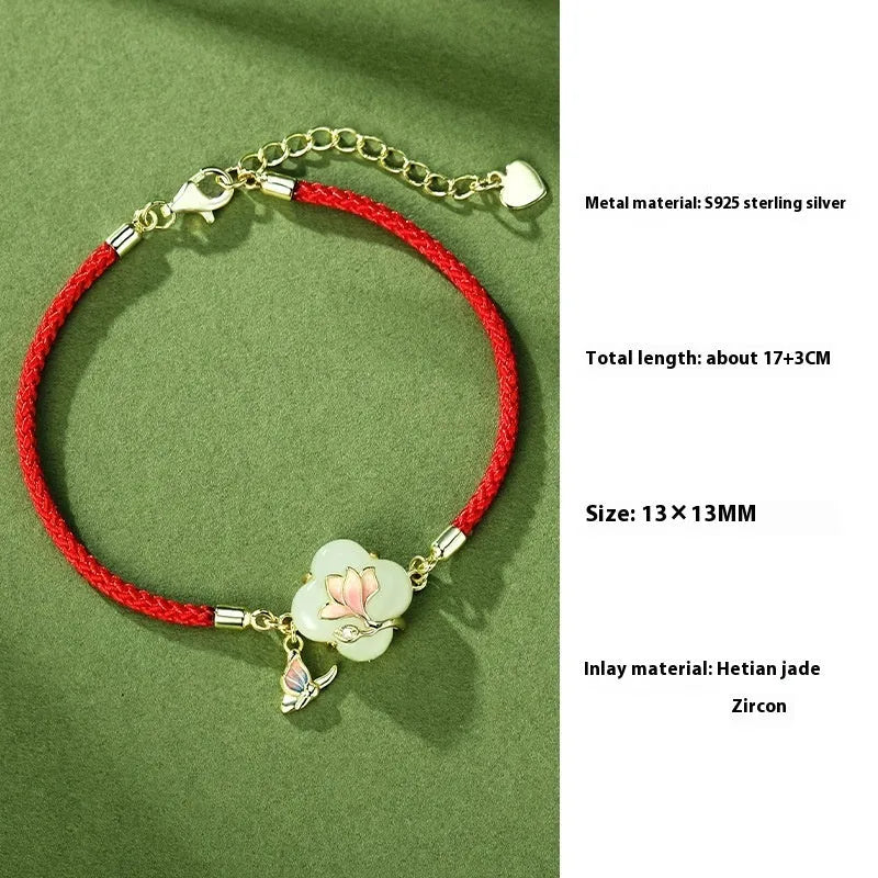 925 silver magnolia jade pendant necklace set on chain with matching bracelet and earrings
