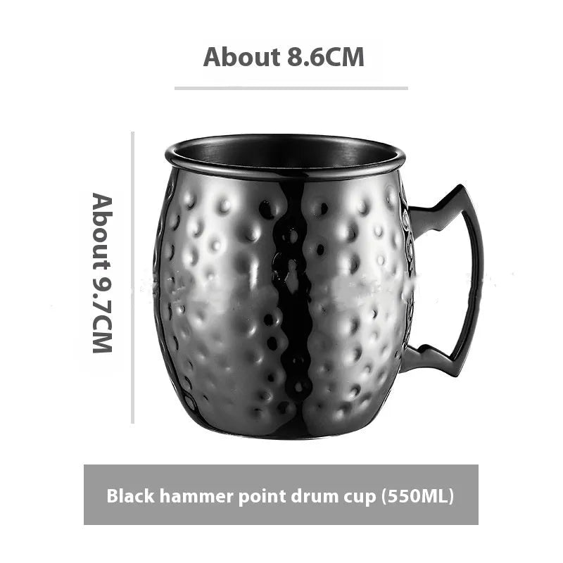 Stainless steel Moscow Mule cup with copper plating in a choice of colours and hammered or smooth finish.