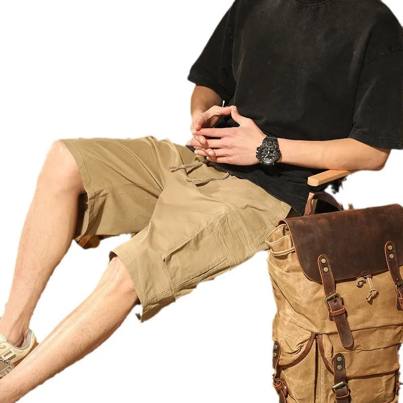 Loose cargo trousers for men, stretch cotton, fifth-pants length, multi-pocket, color army green