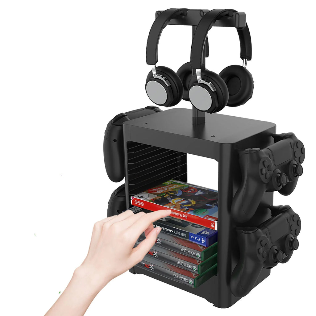 Black gaming console storage rack holding controllers headphones and game accessories