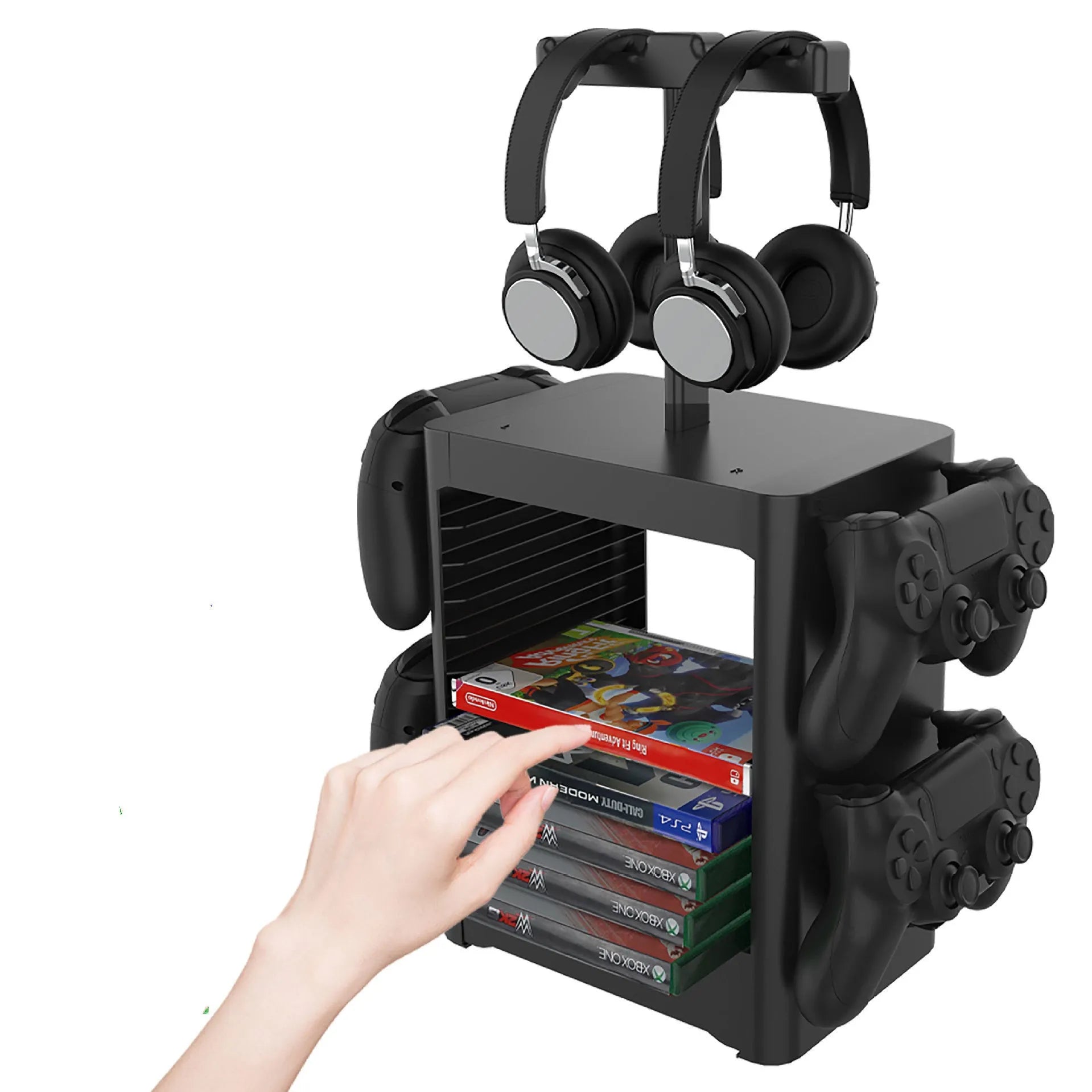 Black gaming console storage rack holding controllers headphones and game accessories