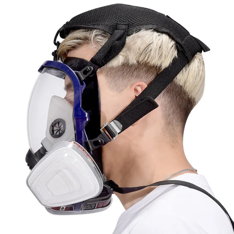 Blue edge spherical full face mask with trapezoidal canister design and KN95 filtration rating