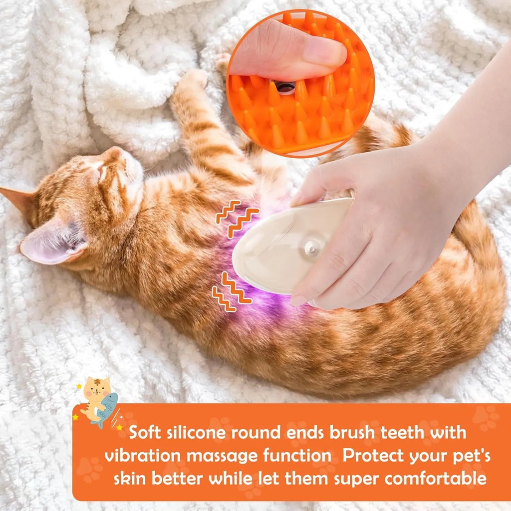 Yellow USB rechargeable cat grooming brush with steam spray, massage, and ringworm detection lamp.