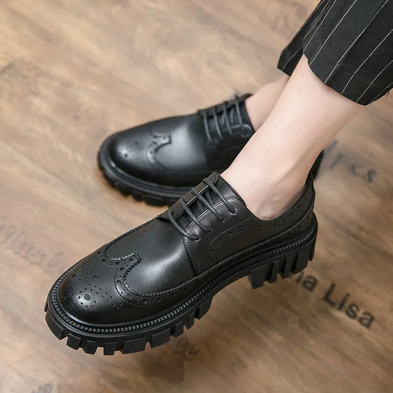 Men's black and brown business brogue shoes with round toe and brogue detailing.
