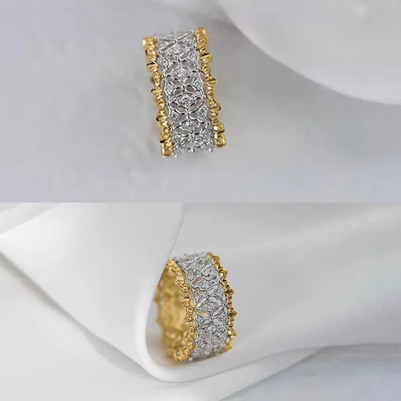 Geometric round two-tone gold zircon ring on copper base with electroplated finish