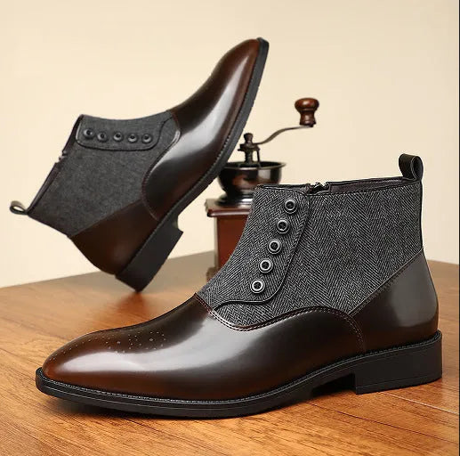 Men's brown British retro formal shoes with side zipper and square toe