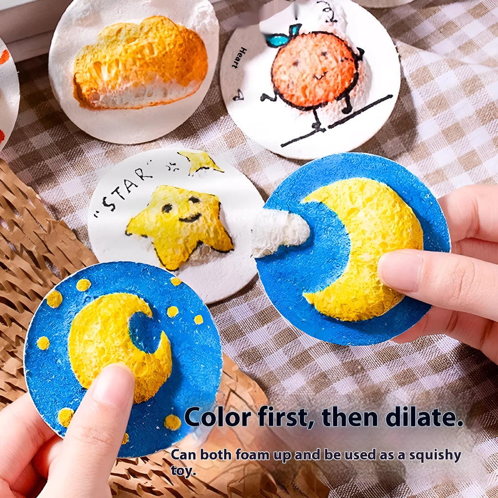 Cartoon wood pulp paper and painting sponge set with six fountain pens and heart, round, square paper shapes