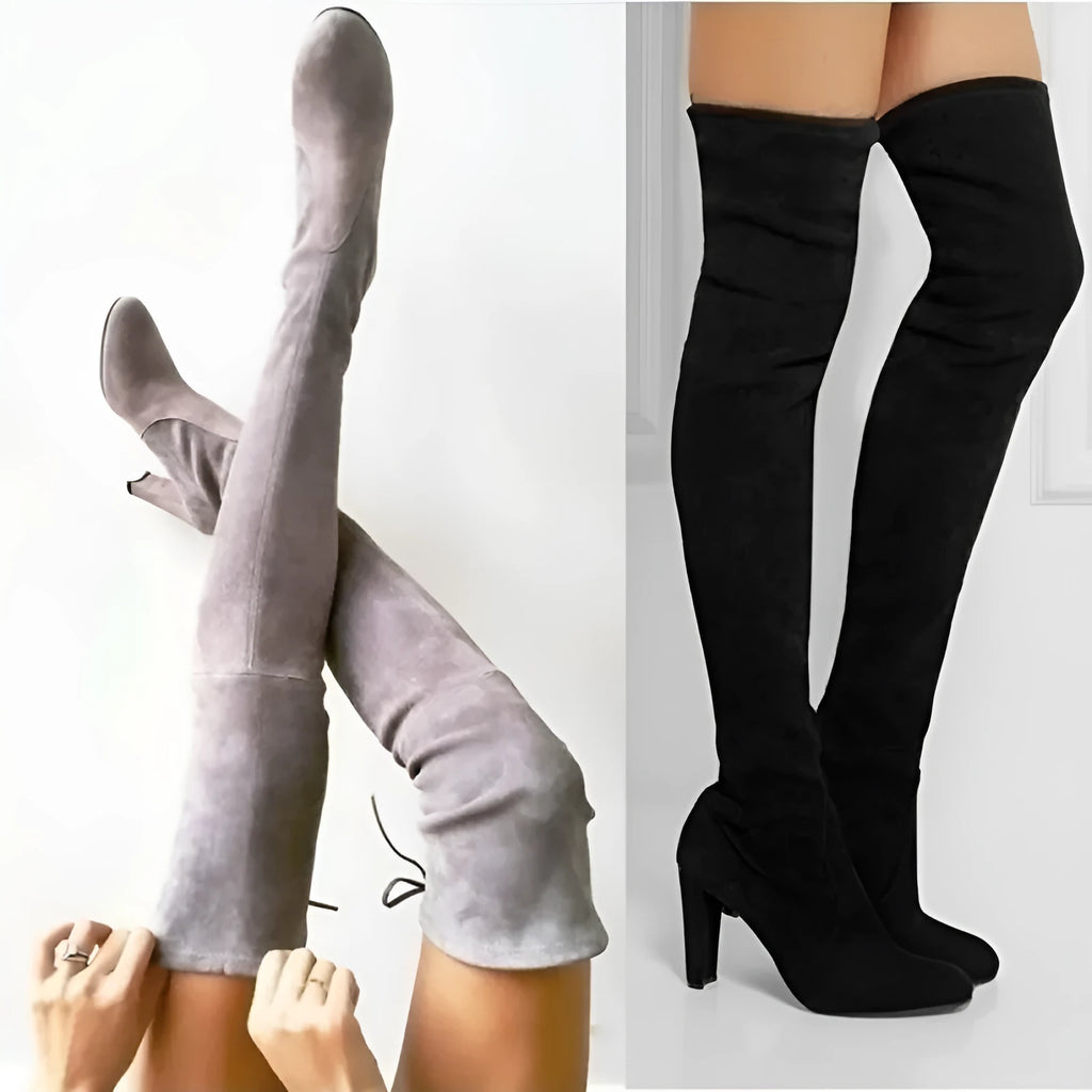 Black knee high boots for women with thick heel and round toe