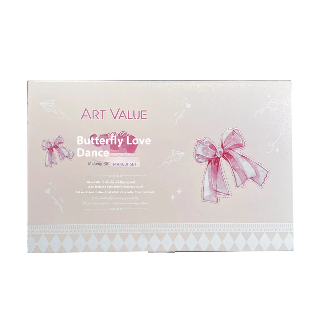 Butterfly Box makeup set with four lip muds, powder blusher and necklace in pink packaging