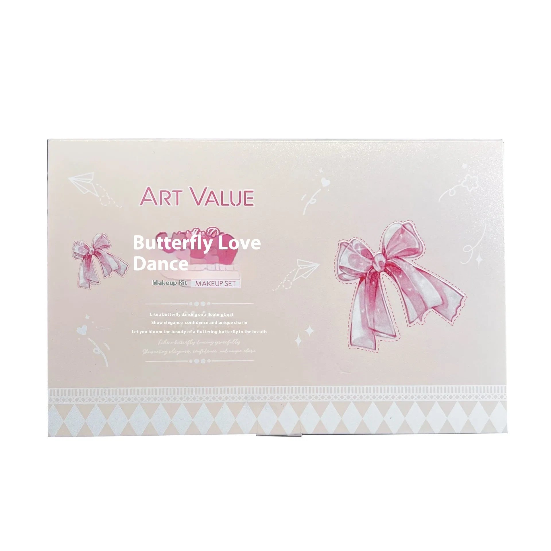 Butterfly Box makeup set with four lip muds, powder blusher and necklace in pink packaging