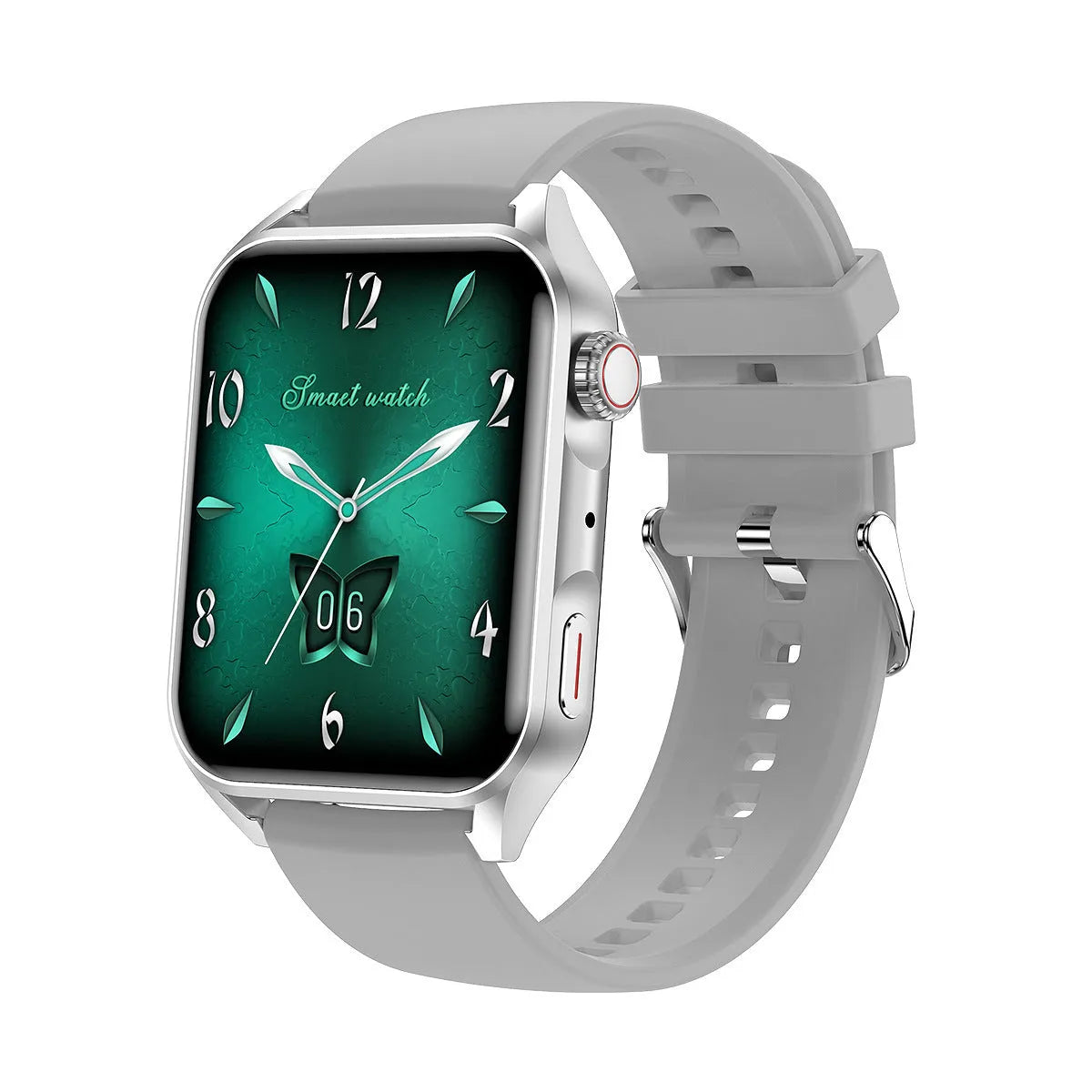 AMOLED NFC smart watch with 1.8 inch display in black colour showing multiple watch faces and magnetic charger