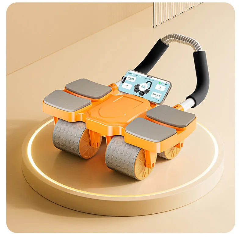 Abdominal exercise wheel with four wheels and automatic rebound mechanism in blue colour.