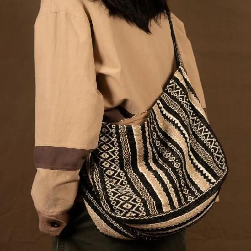 Vintage jacquard striped corduroy messenger bag with adjustable shoulder strap