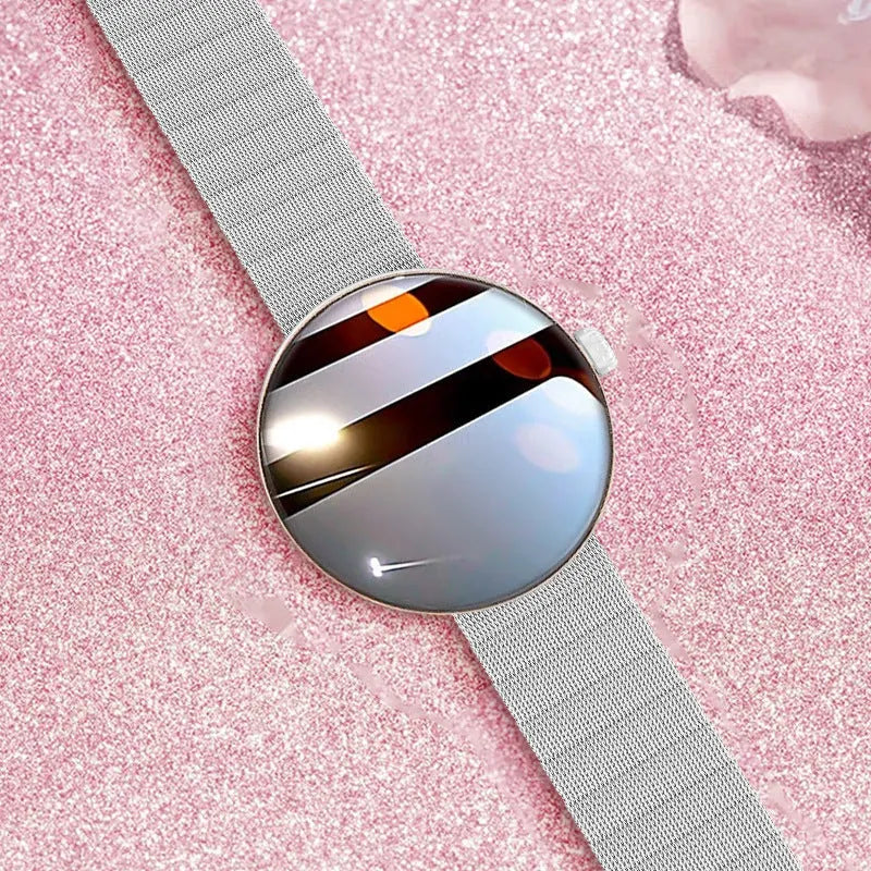 Women's circular smart watch with colour touch screen and metal strap in three colour options