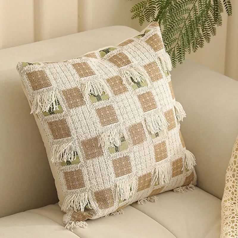 Square 45cm jacquard cushion cover with a detailed woven floral pattern in a retro Nordic style.