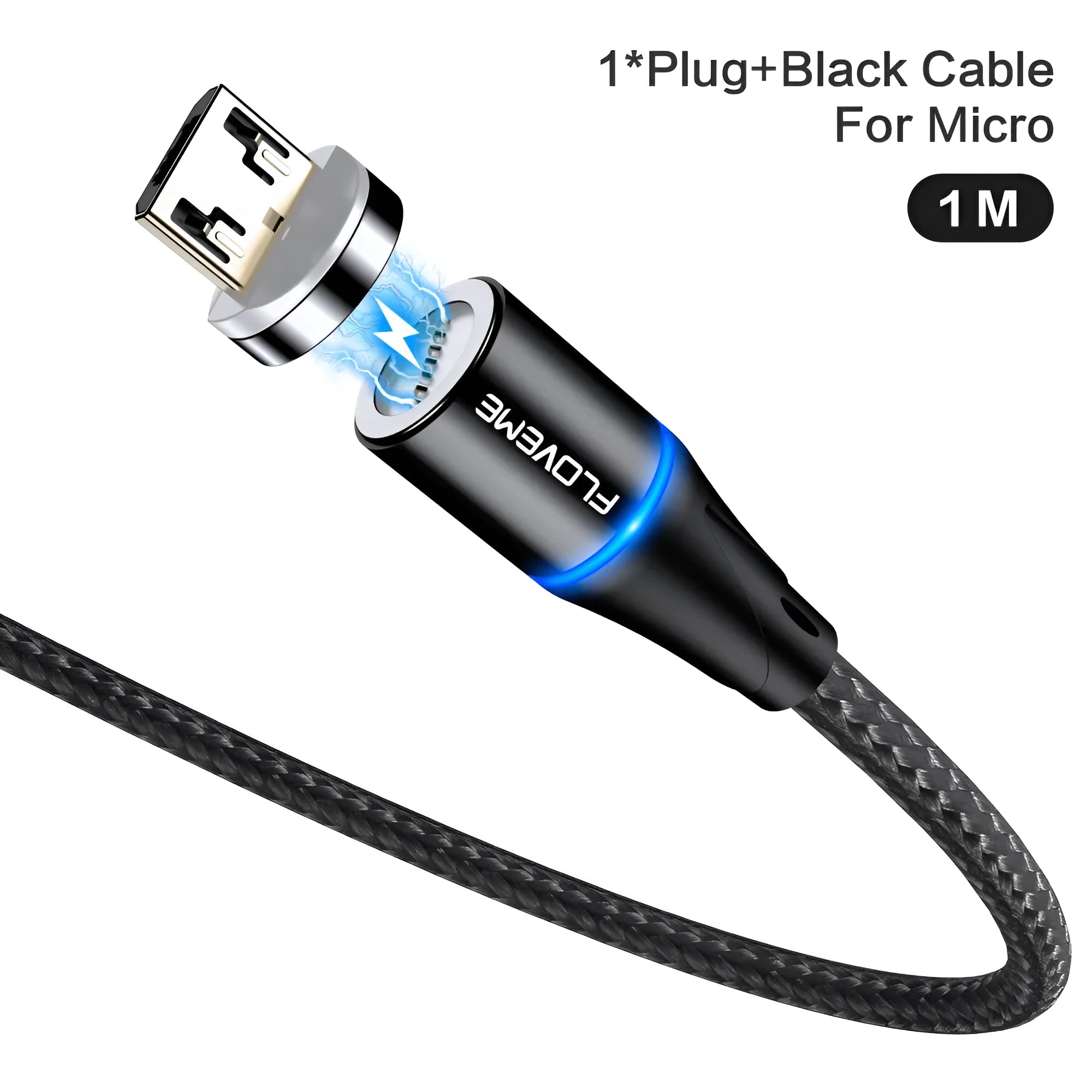 Black magnetic data cable with LED light and interchangeable iPhone, Android, and Type-C heads.