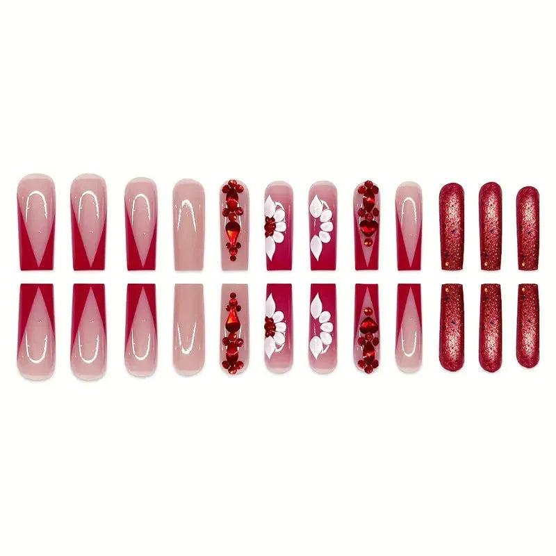 Sweet Flowers pattern false nails with prismatic red diamonds in European Square long style with nail glue and file