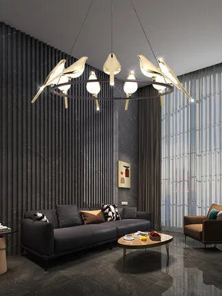 Modern simple aluminium alloy hall chandelier lamp with adjustable height on a neutral background.