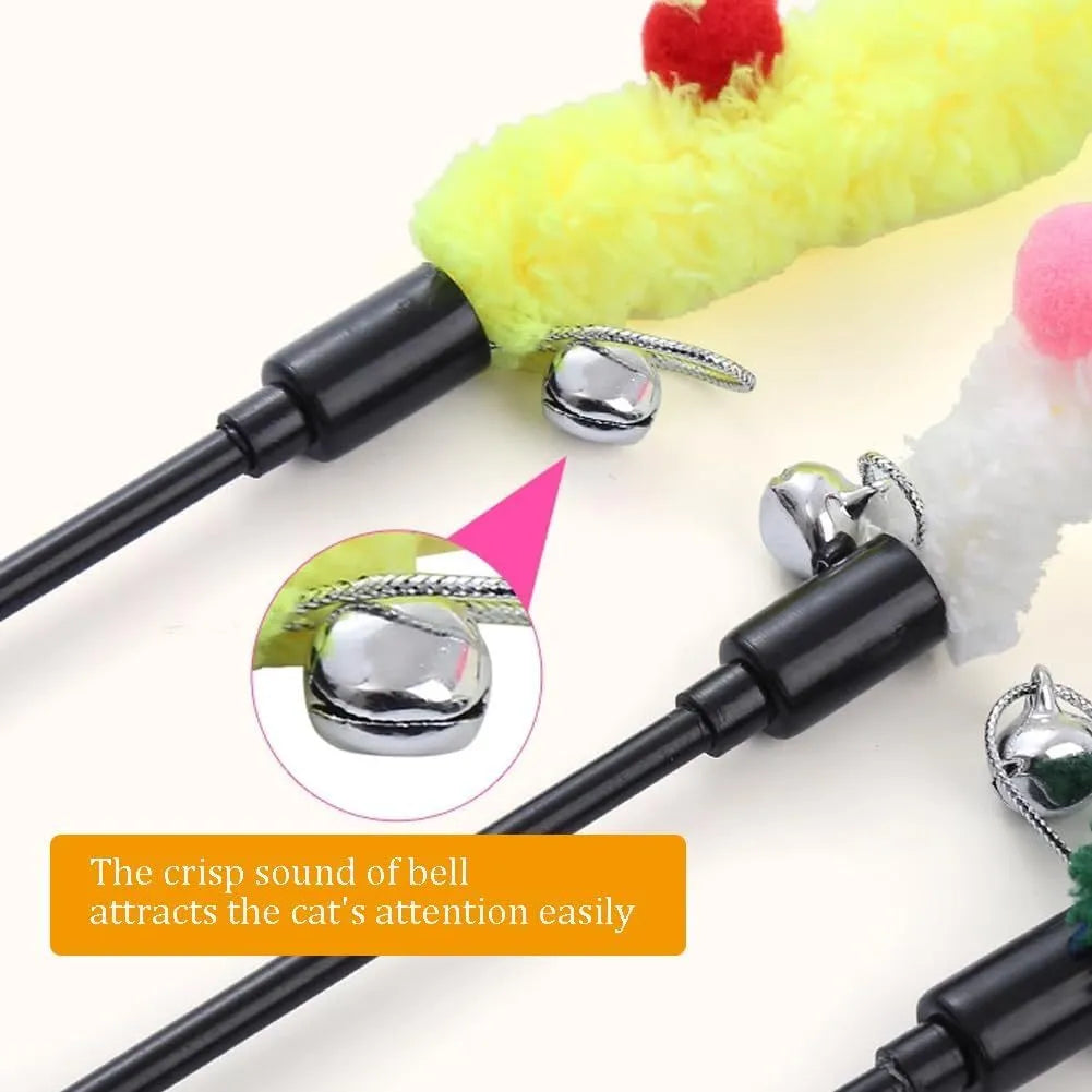 Colourful cat wand toy with plush strip, fluffy ball and bell on 41cm pole