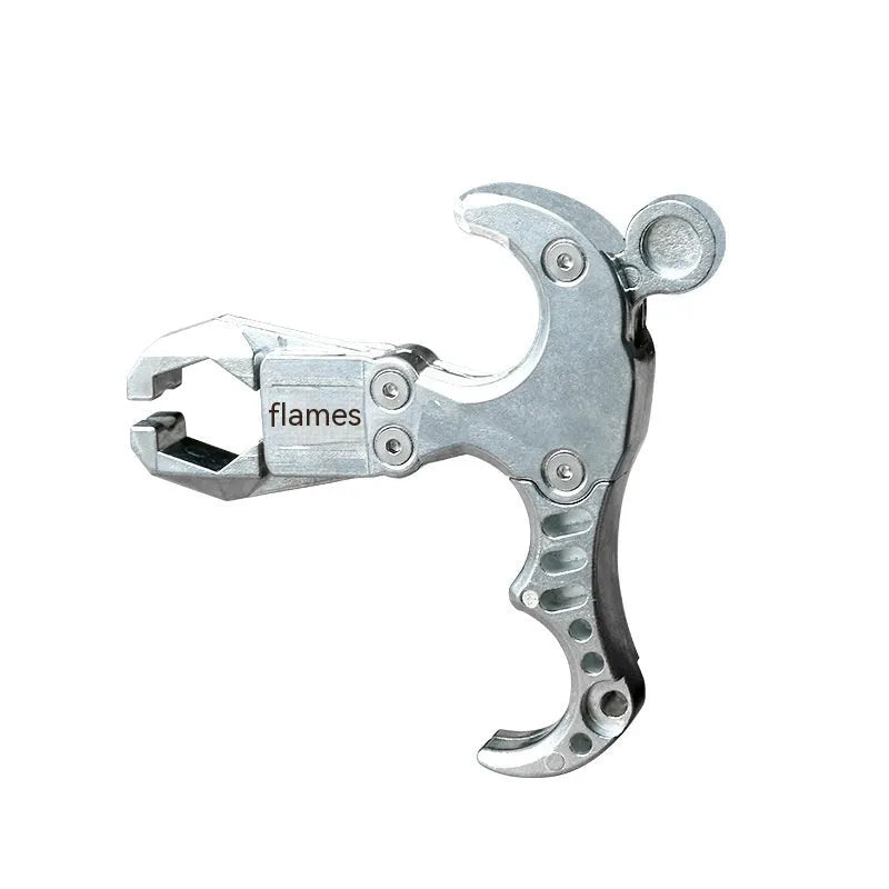 Zinc alloy archery release aid with a two-axis harpoon clip mechanism and stainless steel component.
