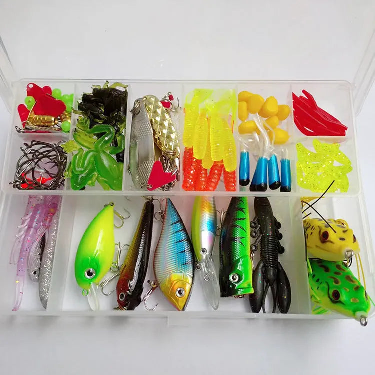 Fishing lure kit with 142 pieces showing hard minnow baits with sequins, soft plastic lures, and fishing pliers