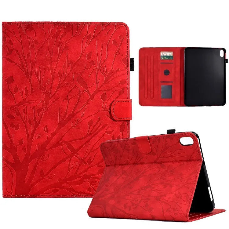 Imitation leather tablet protective case with integrated stand in black colour, shown next to a tablet.